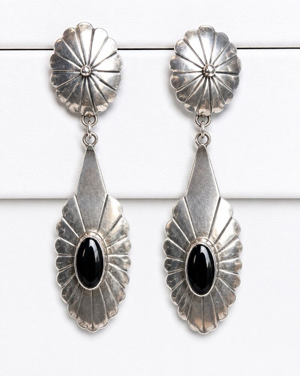 Gilo & Grace Nakai Navajo Sterling Silver Black Onyx Concho Dangle Earrings 3”